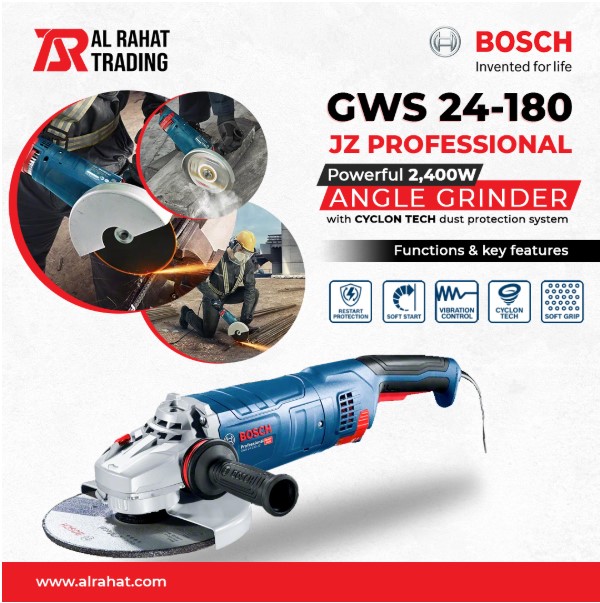 Bosch GWS 24-180 JZ Professional Angle Grinder – Heavy Duty Grinding Machine for Large Scale Cutting, Metal Work, and Construction Applications